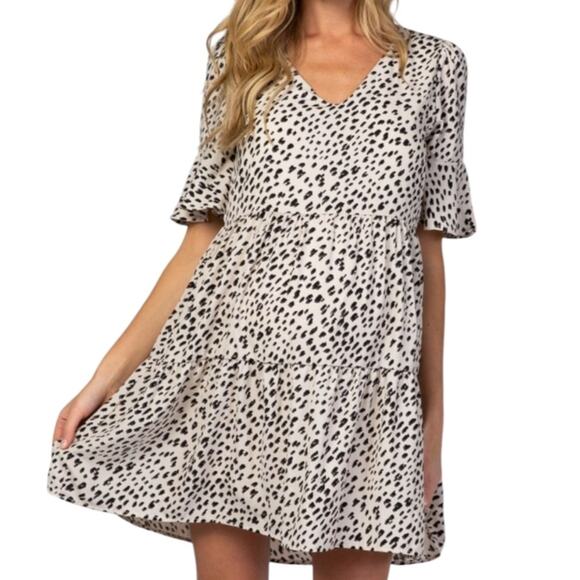 Beeson River Leopard Print V Neck Tiered Mini Dress Womens SM Boho Minimalist - Picture 1 of 6